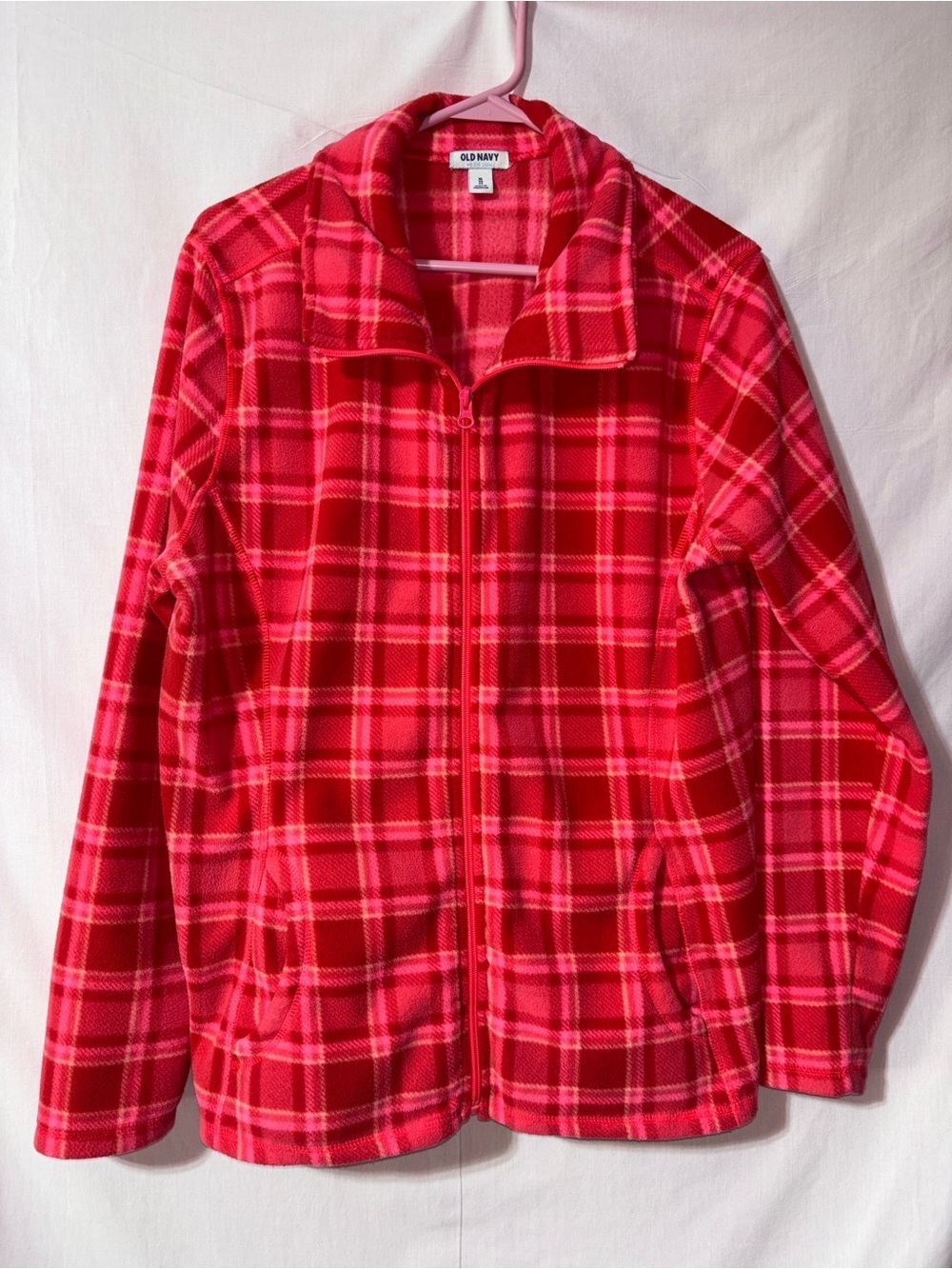 Old Navy Red Plaid Fleece Zip Jacket - Women